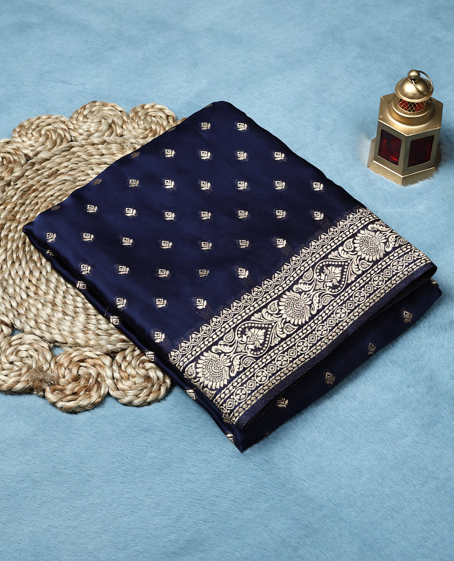 Navy Blue Colour Semi Crepe Banaras Saree having Golden Buttas in Body with Traditional Border and Self Coloured Blouse