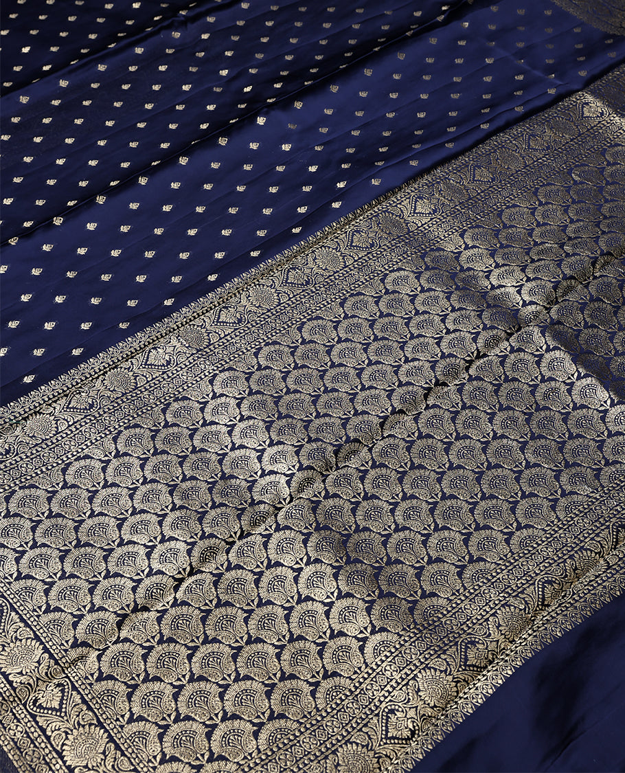 Navy Blue Colour Semi Crepe Banaras Saree having Golden Buttas in Body with Traditional Border and Self Coloured Blouse