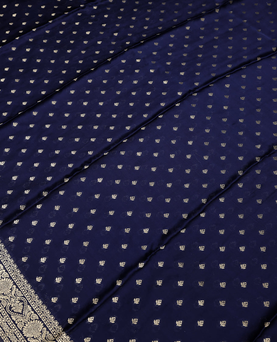 Navy Blue Colour Semi Crepe Banaras Saree having Golden Buttas in Body with Traditional Border and Self Coloured Blouse