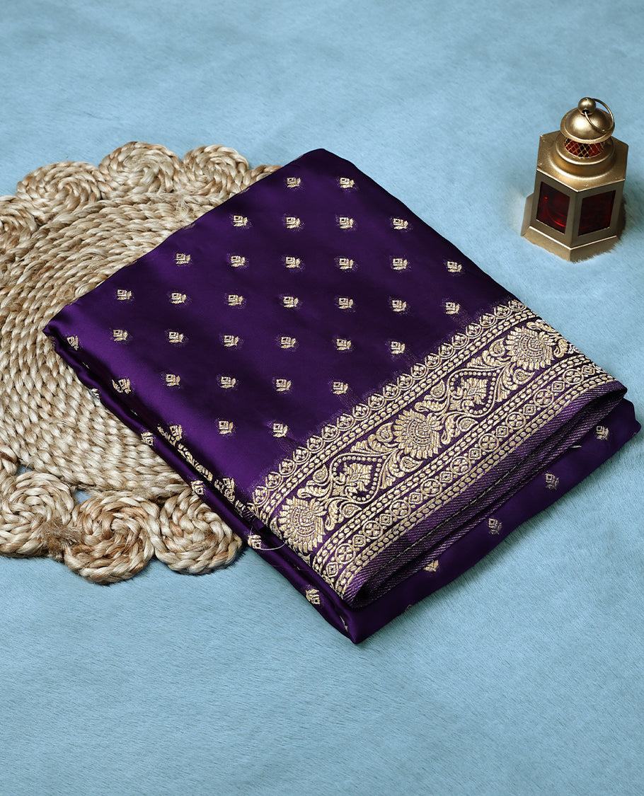 Royal Purple Colour Semi Crepe Banaras Saree having Golden Buttas in Body with Traditional Border and Self Coloured Blouse