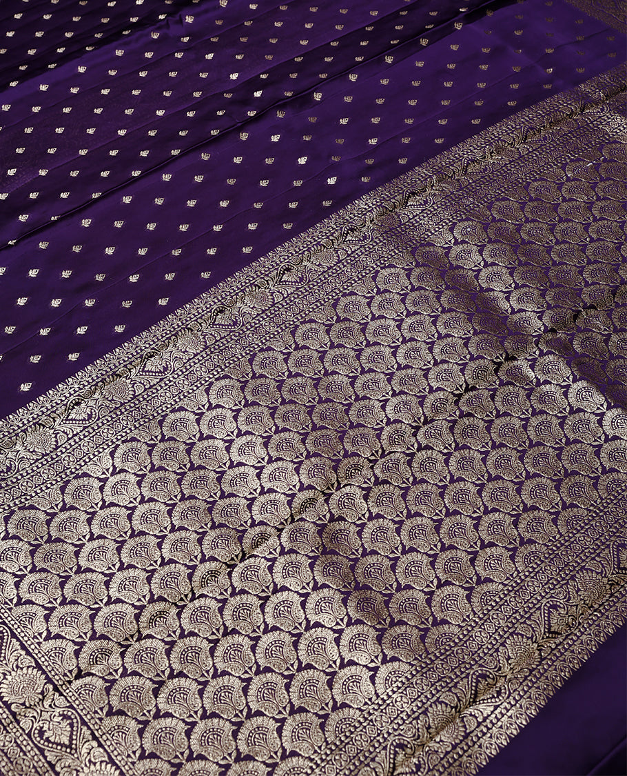Royal Purple Colour Semi Crepe Banaras Saree having Golden Buttas in Body with Traditional Border and Self Coloured Blouse