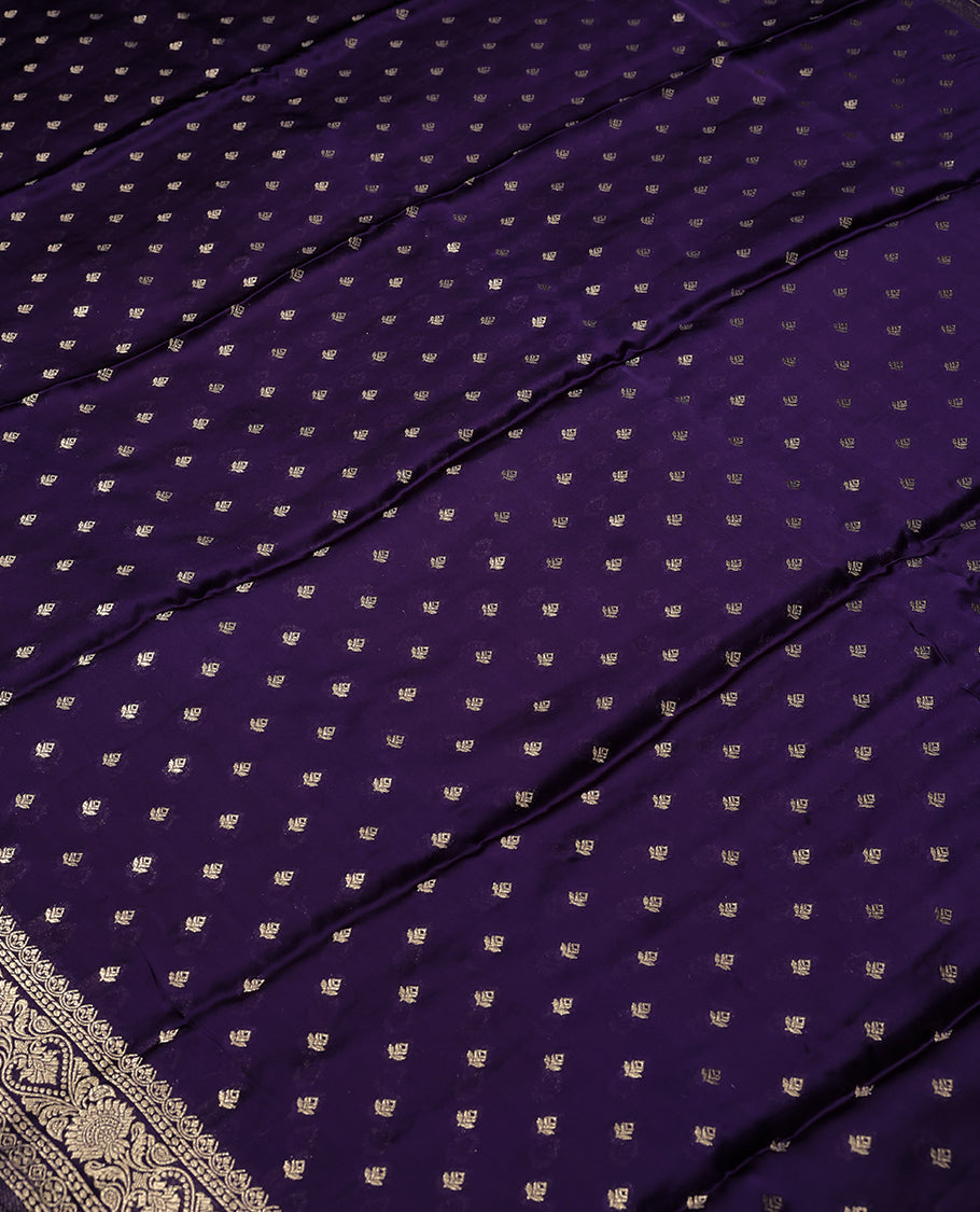 Royal Purple Colour Semi Crepe Banaras Saree having Golden Buttas in Body with Traditional Border and Self Coloured Blouse