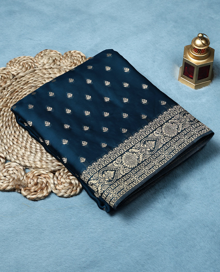 Royal Blue Colour Semi Crepe Banaras Saree having Golden Buttas in Body with Traditional Border and Self Coloured Blouse