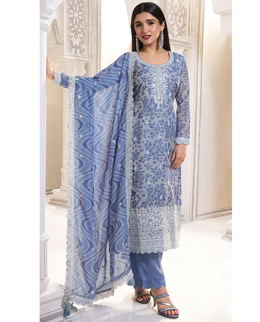 Prussian Blue Colour Embroidered Organza Top with Santoon Bottom and Embroidered Organza Dupatta