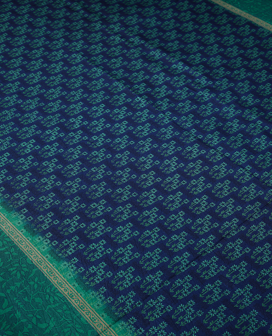 Navy Blue Colour Manipuri Saree having Flower Prints in Entire Body with Contrast Printed Border and Blouse