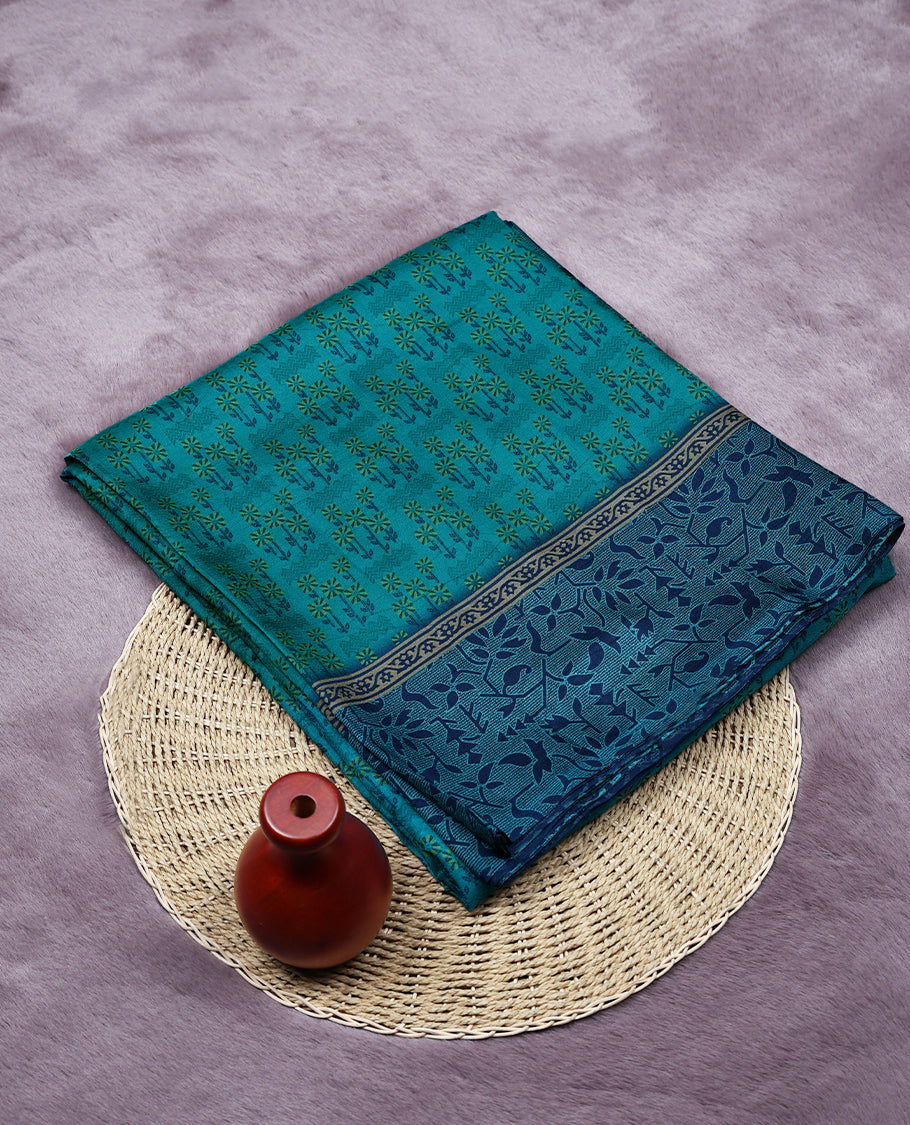 Light Peacock Blue Colour Manipuri Saree having Flower Prints in Entire Body with Contrast Printed Border and Blouse