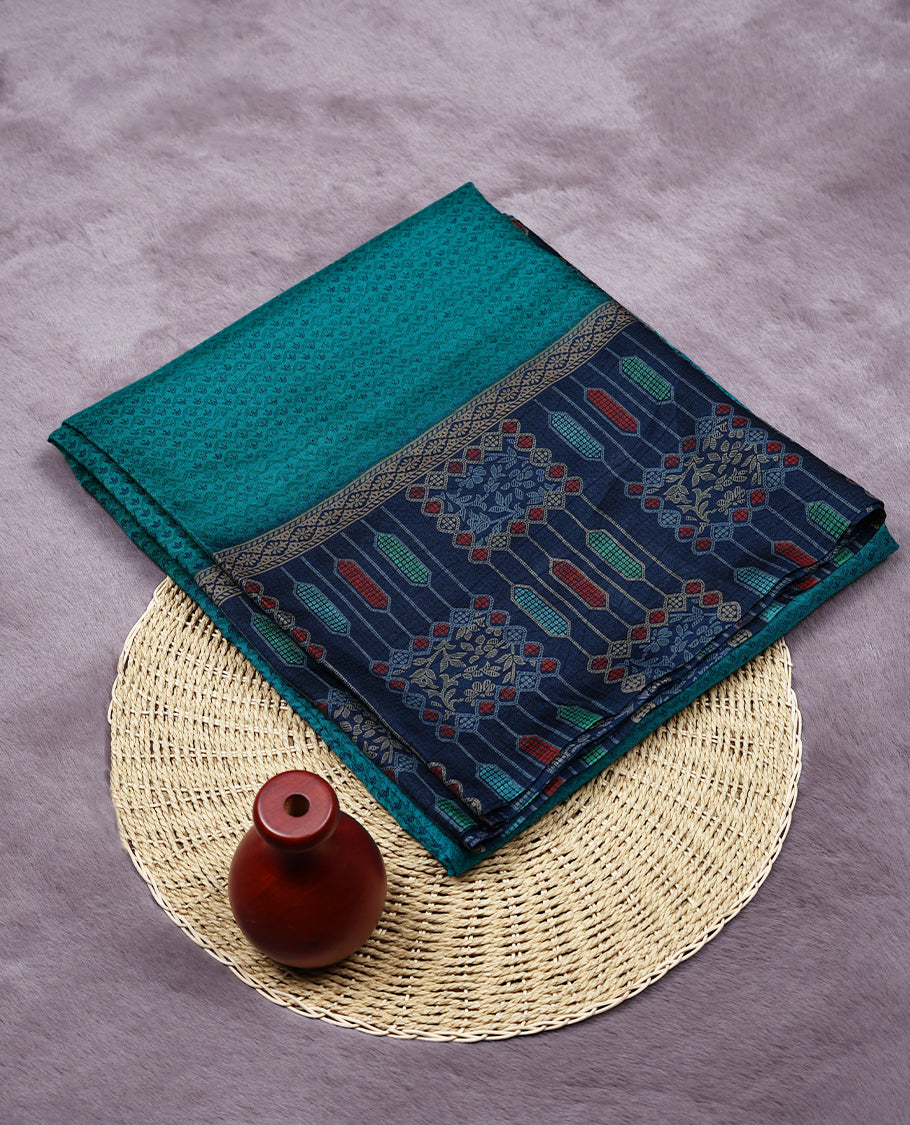 Light Peacock Blue Colour Manipuri Saree having Tiny Prints in Entire Body with Contrast Printed Border and Blouse