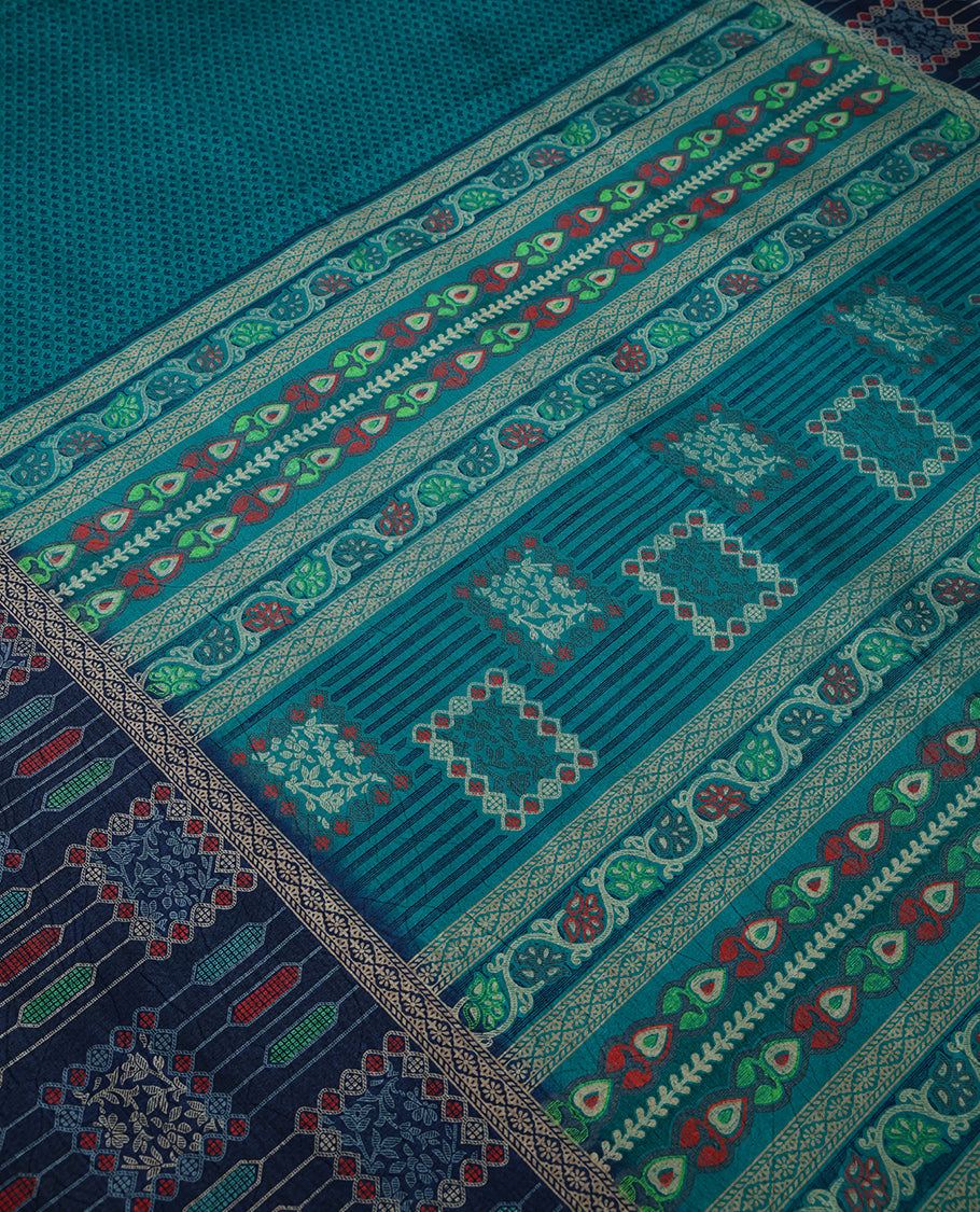 Light Peacock Blue Colour Manipuri Saree having Tiny Prints in Entire Body with Contrast Printed Border and Blouse