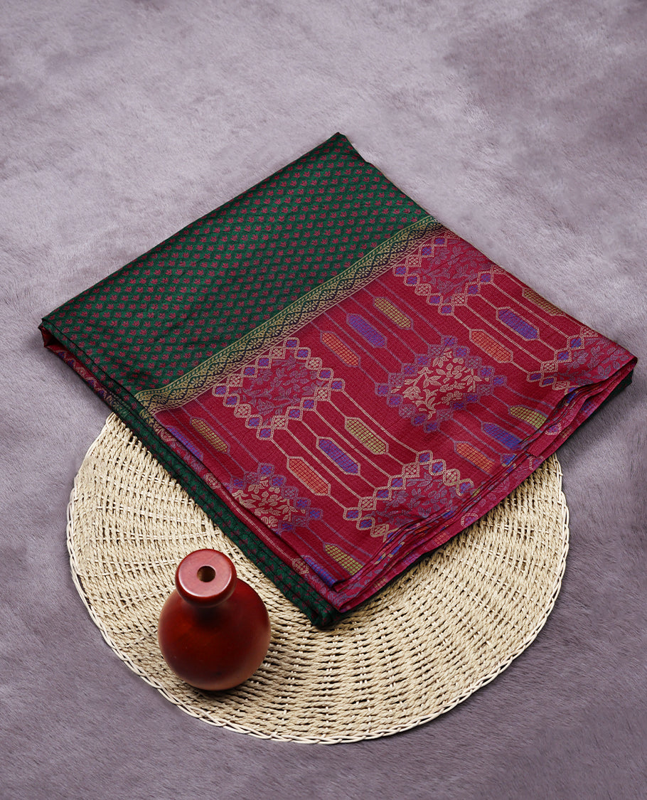 Dark Green Colour Manipuri Saree having Tiny Prints in Entire Body with Contrast Printed Border and Blouse