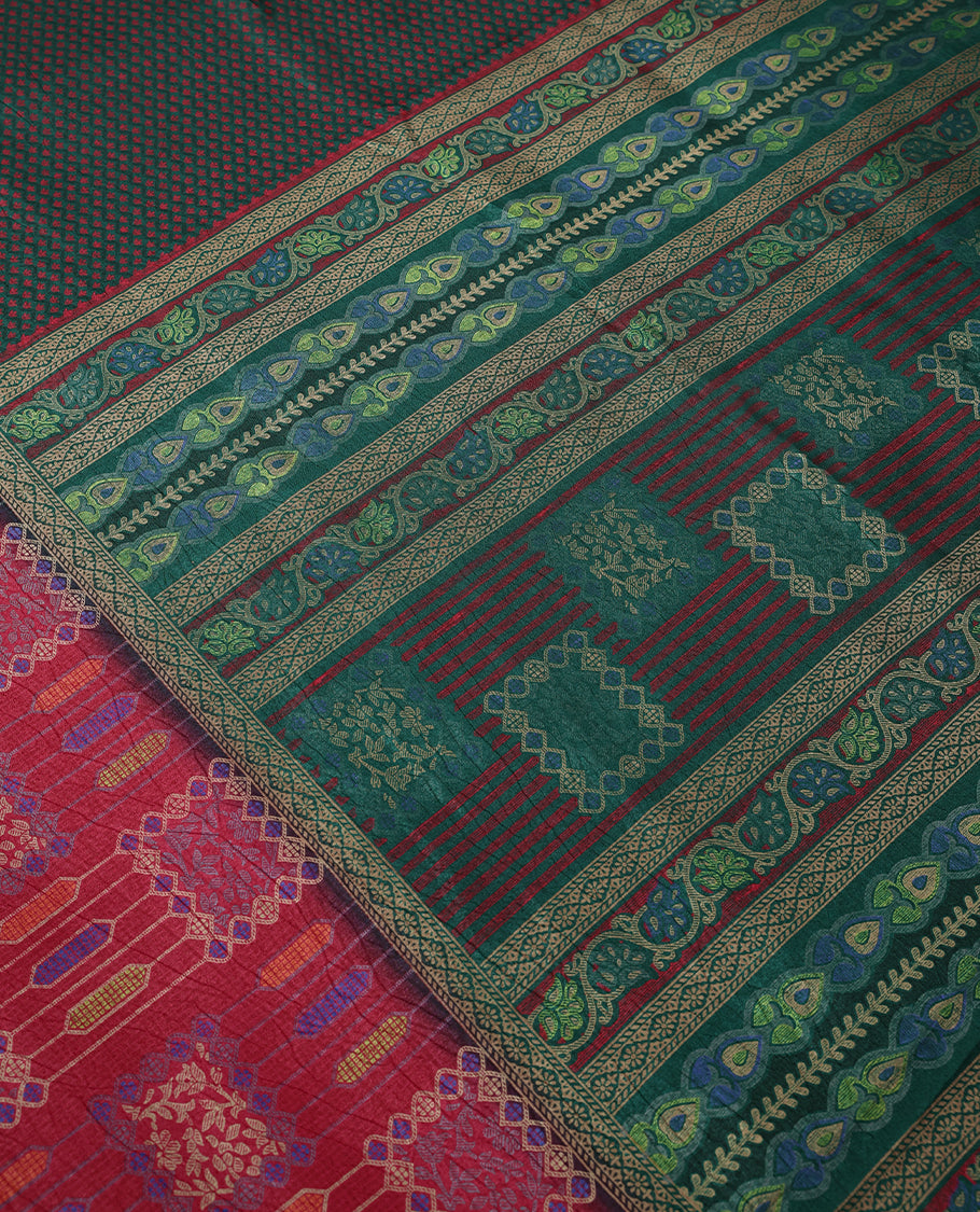 Dark Green Colour Manipuri Saree having Tiny Prints in Entire Body with Contrast Printed Border and Blouse