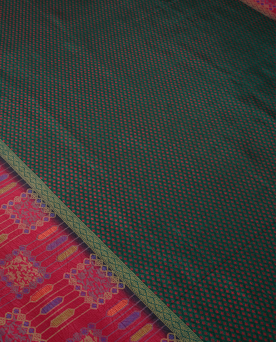 Dark Green Colour Manipuri Saree having Tiny Prints in Entire Body with Contrast Printed Border and Blouse
