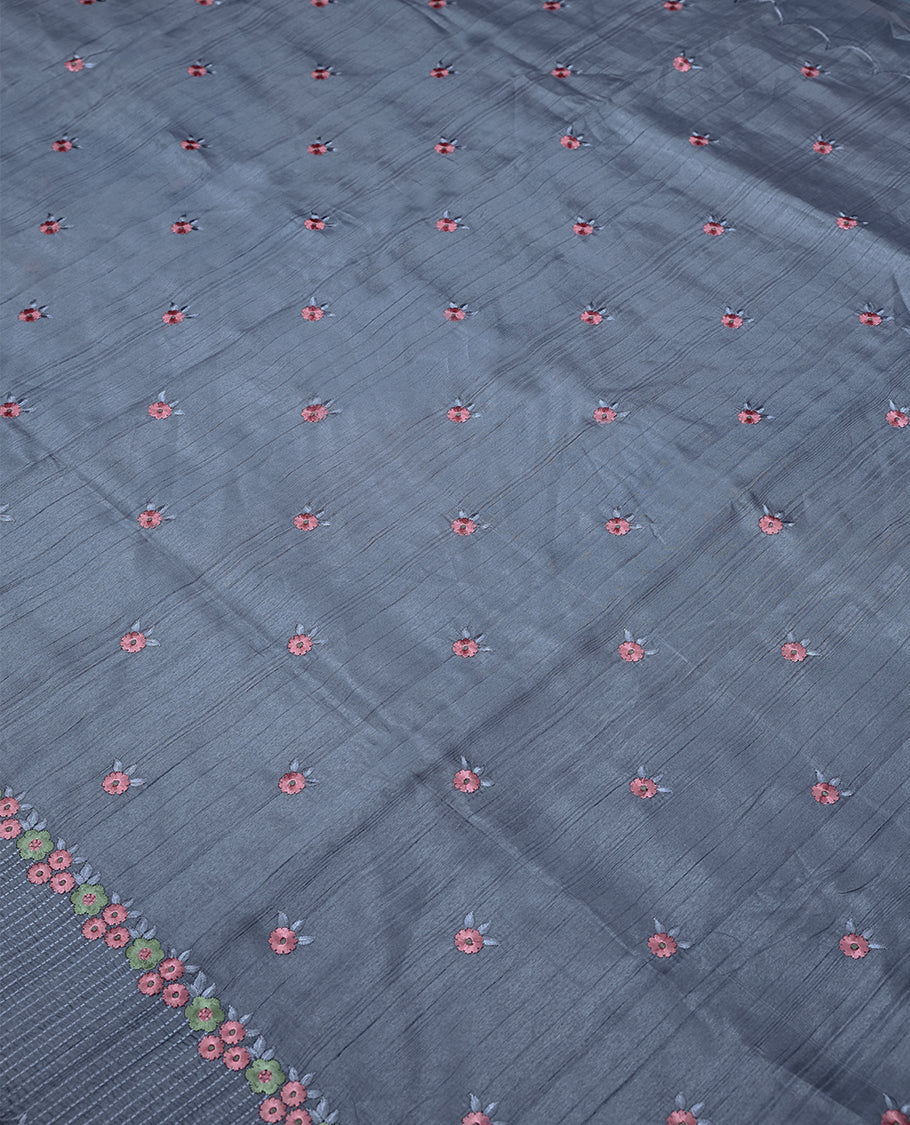 Pastel Blue Colour Art Tussar Saree having Contrast Thread Buttas in Body with Thread worked Border and Blouse.