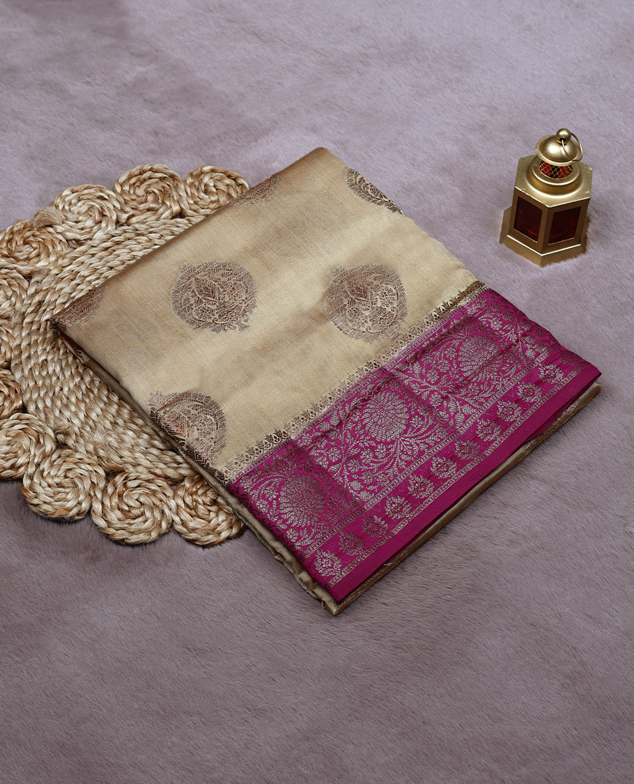 Sand Colour Banarasi Silk Saree having Golden Thread Worked Body with Dark Magenta Colour Blouse and Border