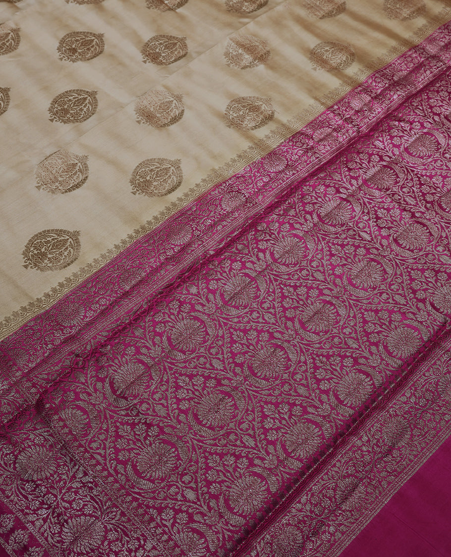 Sand Colour Banarasi Silk Saree having Golden Thread Worked Body with Dark Magenta Colour Blouse and Border