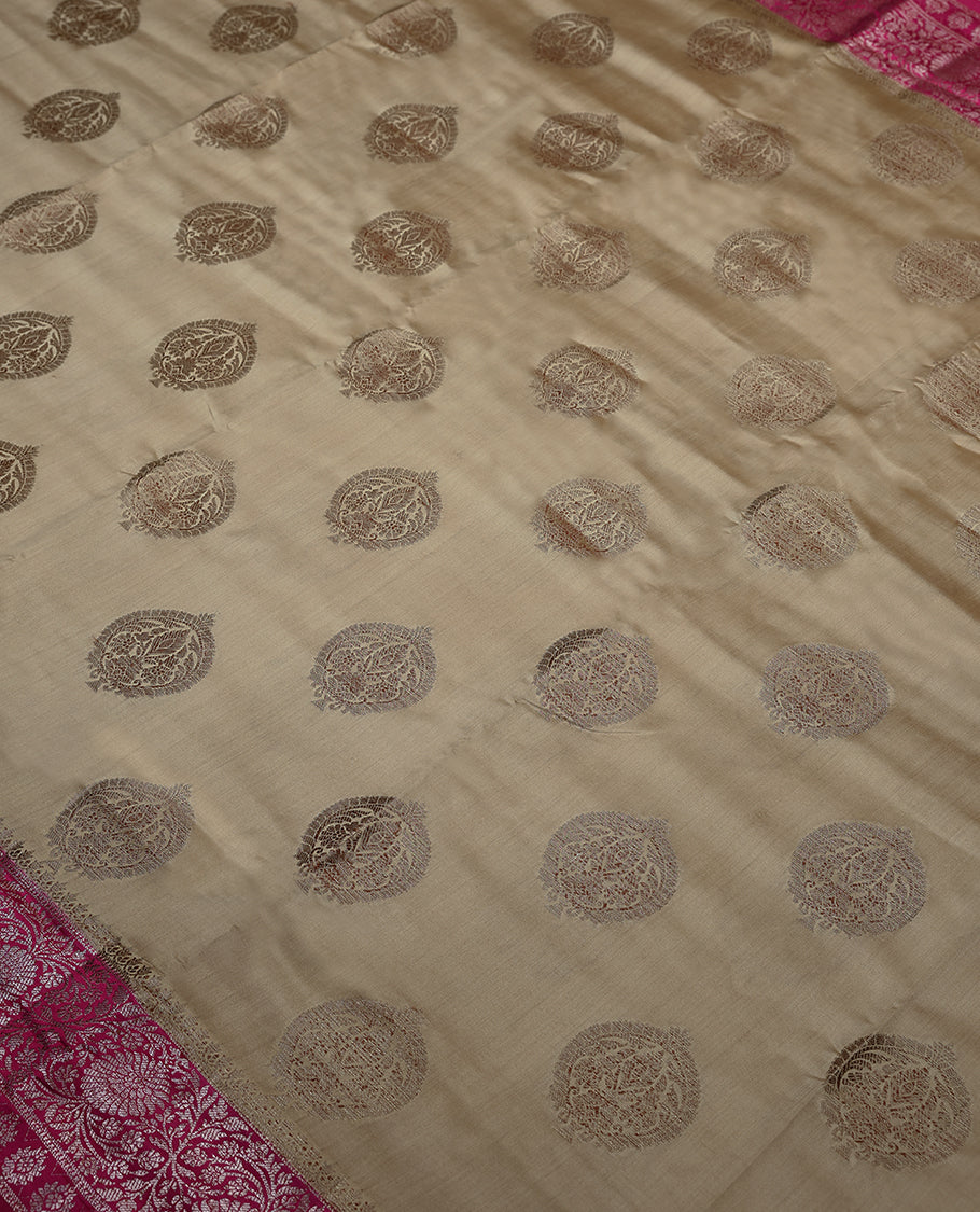 Sand Colour Banarasi Silk Saree having Golden Thread Worked Body with Dark Magenta Colour Blouse and Border