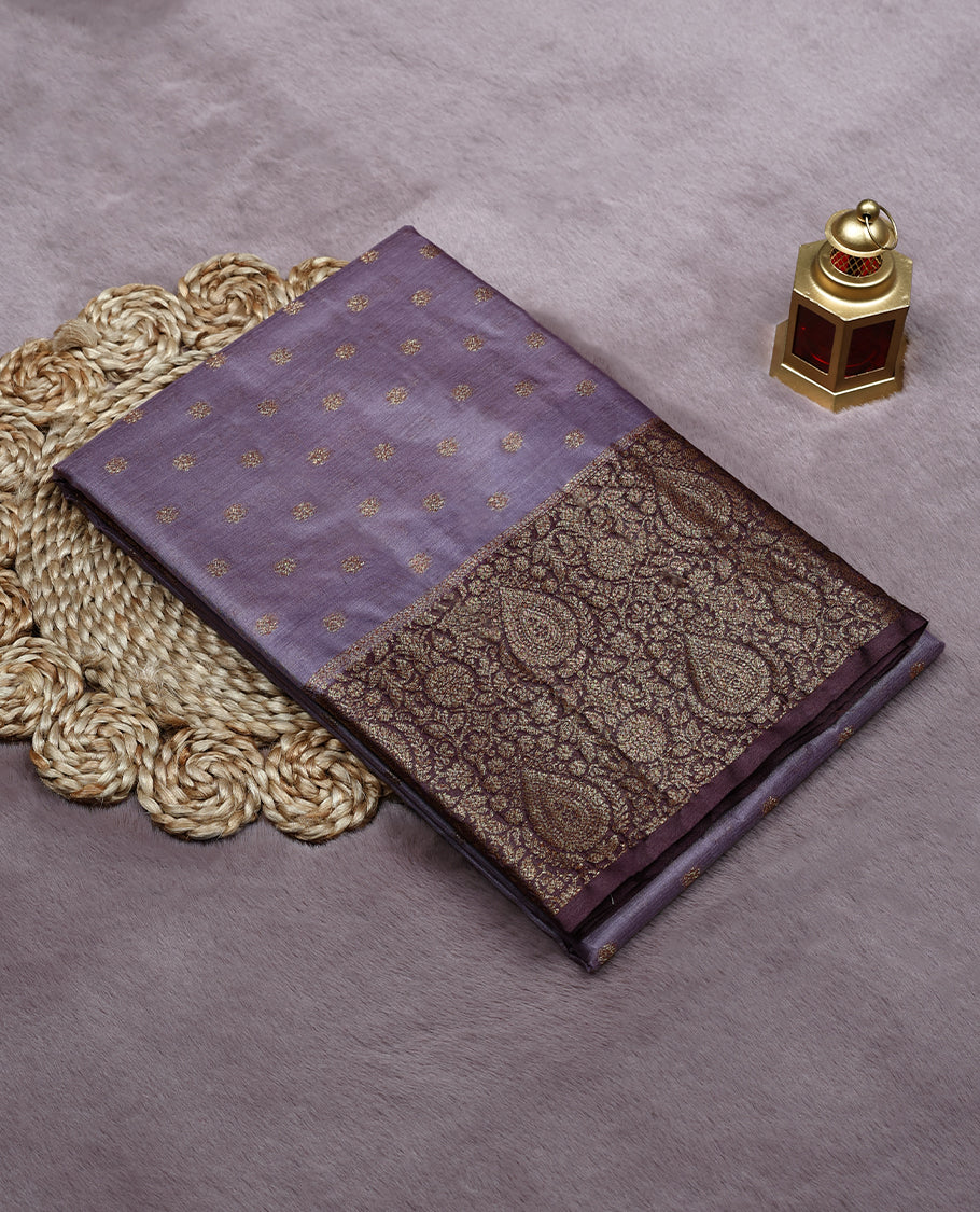 Pastel Purple Colour Tussar Banarasi Silk Saree having Golden Buttas in Body with Dark Grape Colour Blouse and Border