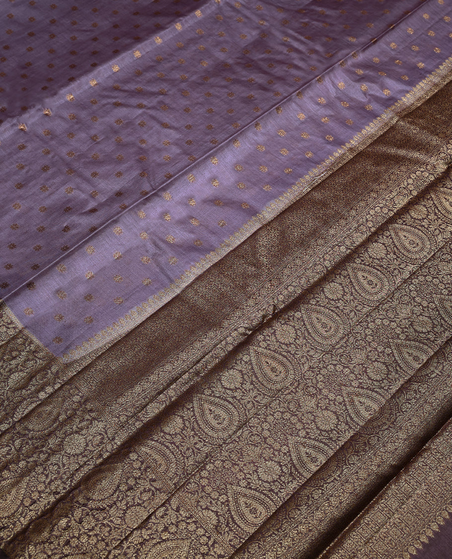 Pastel Purple Colour Tussar Banarasi Silk Saree having Golden Buttas in Body with Dark Grape Colour Blouse and Border