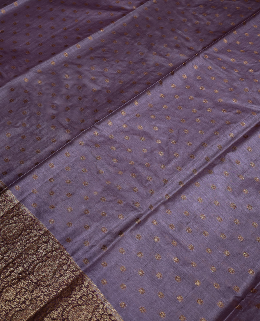 Pastel Purple Colour Tussar Banarasi Silk Saree having Golden Buttas in Body with Dark Grape Colour Blouse and Border