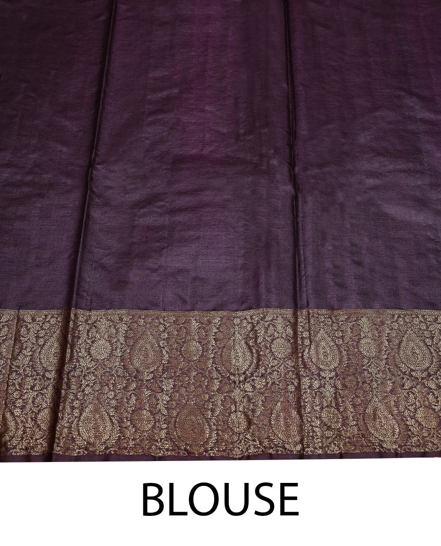 Pastel Purple Colour Tussar Banarasi Silk Saree having Golden Buttas in Body with Dark Grape Colour Blouse and Border