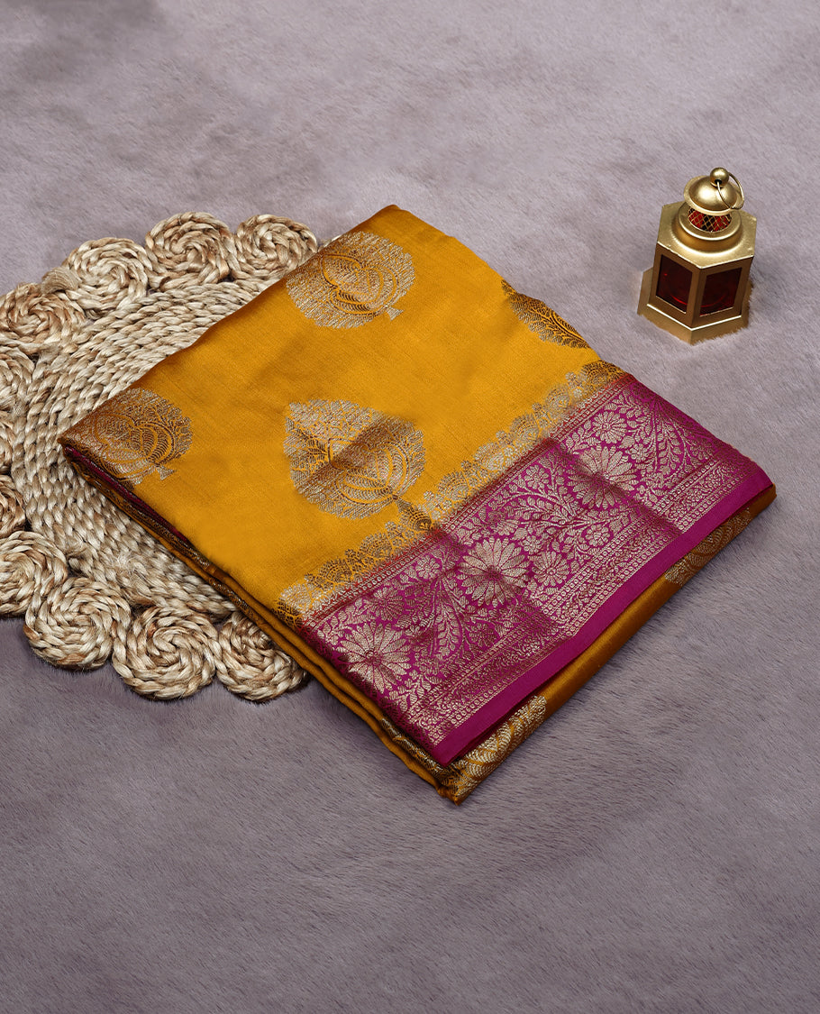 Mango Yellow Colour Banarasi Silk Saree having Golden Leaf Work in Body with Dark Magenta Colour Blouse and Border