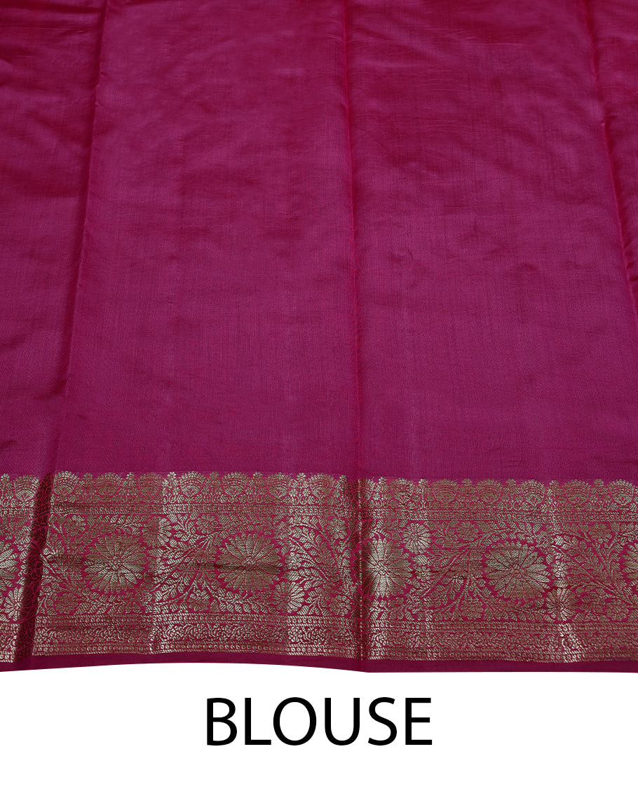 Mango Yellow Colour Banarasi Silk Saree having Golden Leaf Work in Body with Dark Magenta Colour Blouse and Border