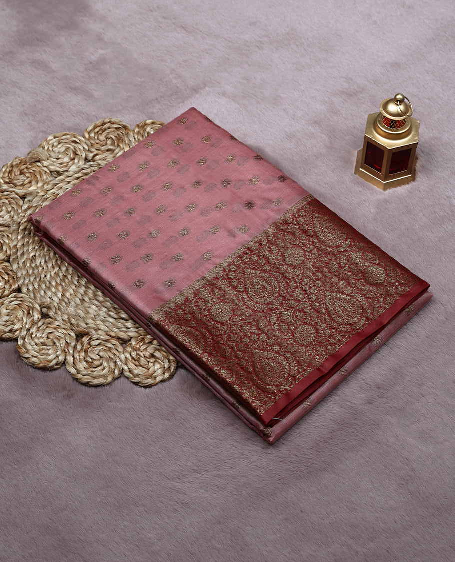 Onion Skin Colour Tussar Banarasi Silk Saree having Golden Buttas in Body with Dark Red Colour Blouse and Border