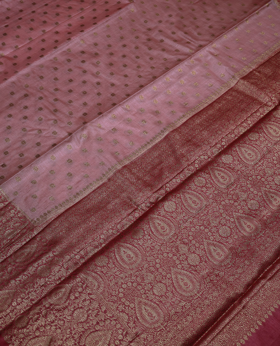 Onion Skin Colour Tussar Banarasi Silk Saree having Golden Buttas in Body with Dark Red Colour Blouse and Border