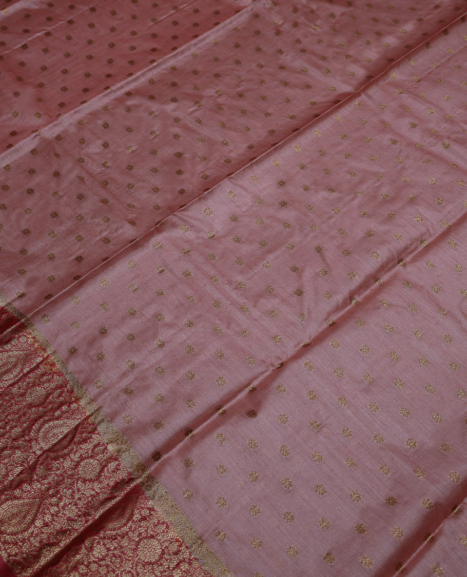 Onion Skin Colour Tussar Banarasi Silk Saree having Golden Buttas in Body with Dark Red Colour Blouse and Border