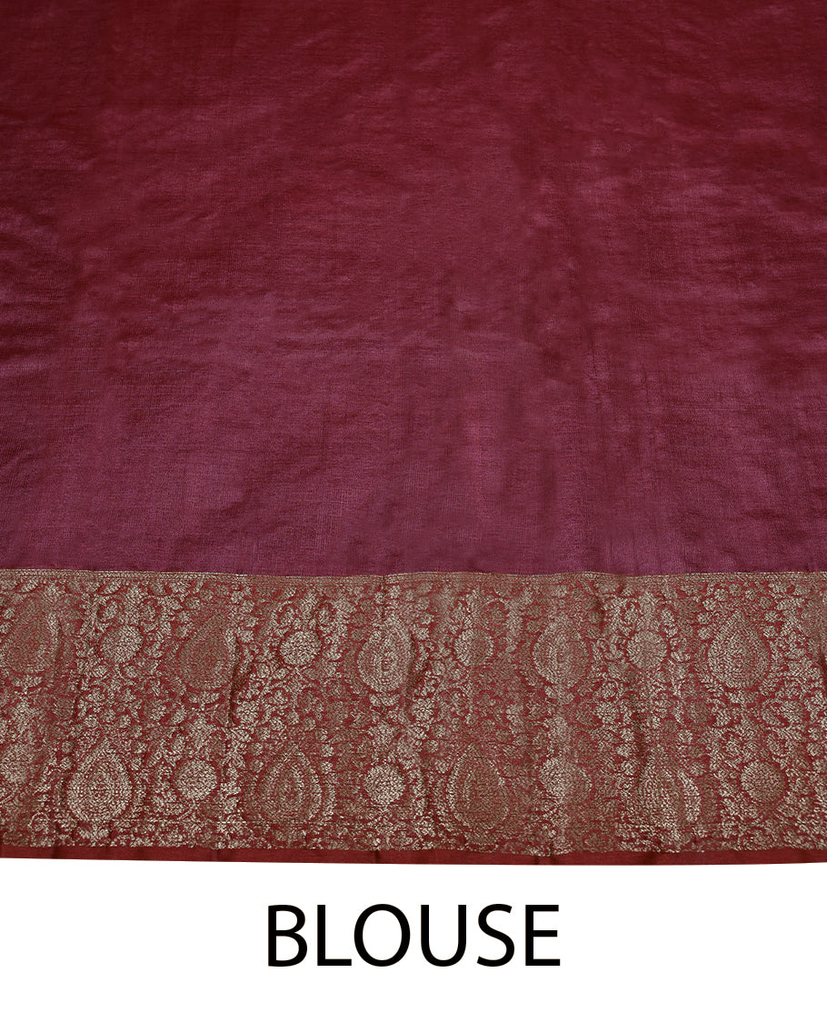 Onion Skin Colour Tussar Banarasi Silk Saree having Golden Buttas in Body with Dark Red Colour Blouse and Border