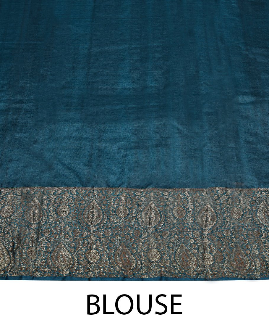 Pastel Pista Colour Tussar Banarasi Silk Saree having Golden Buttas in Body with Dark Blue Colour Blouse and Border