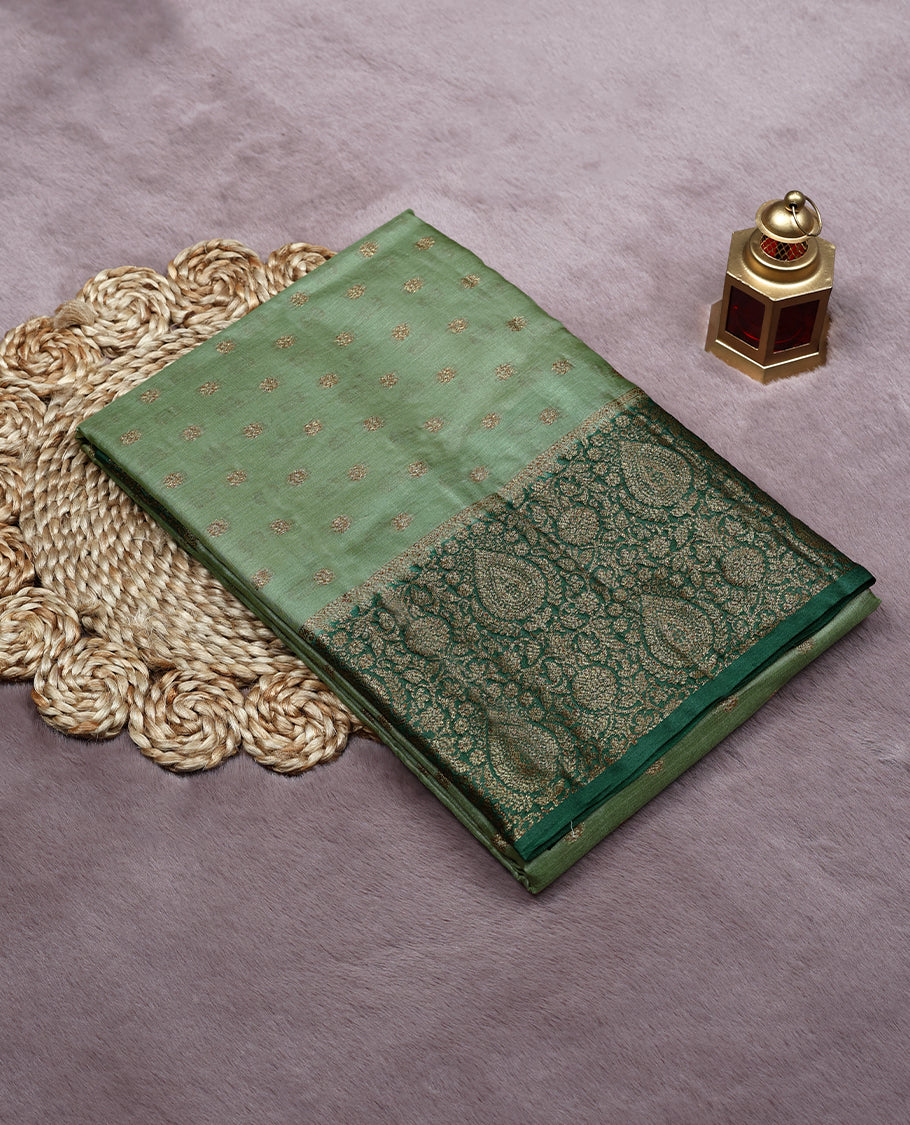 Light Green Colour Tussar Banarasi Silk Saree having Golden Buttas in Body with Dark Green Colour Blouse and Border