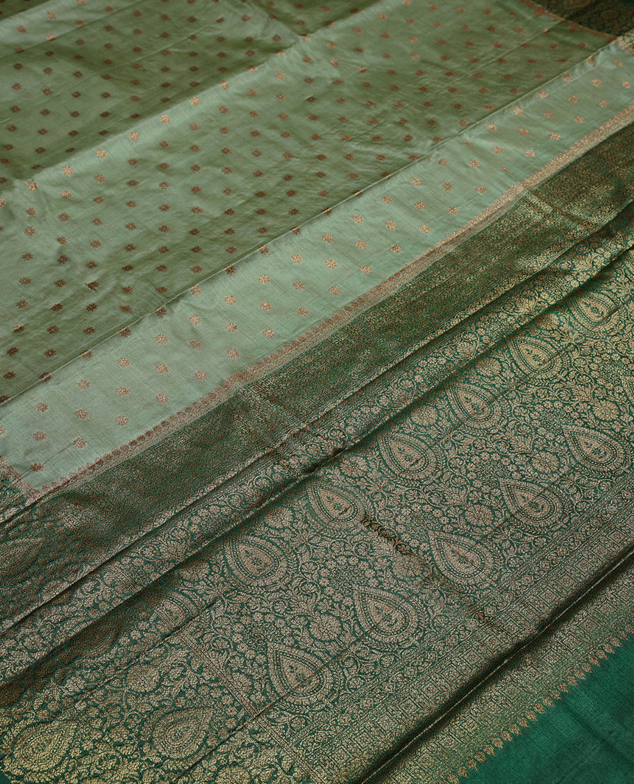 Light Green Colour Tussar Banarasi Silk Saree having Golden Buttas in Body with Dark Green Colour Blouse and Border
