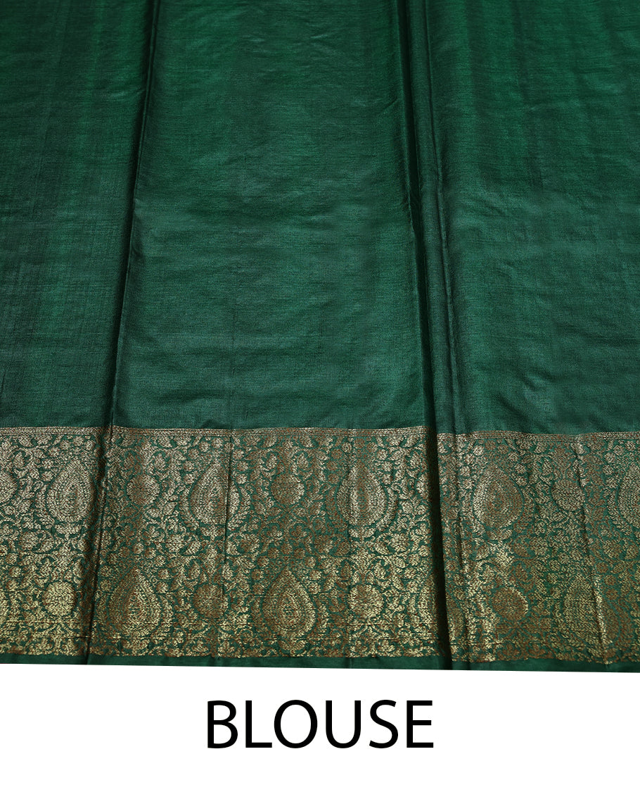 Light Green Colour Tussar Banarasi Silk Saree having Golden Buttas in Body with Dark Green Colour Blouse and Border