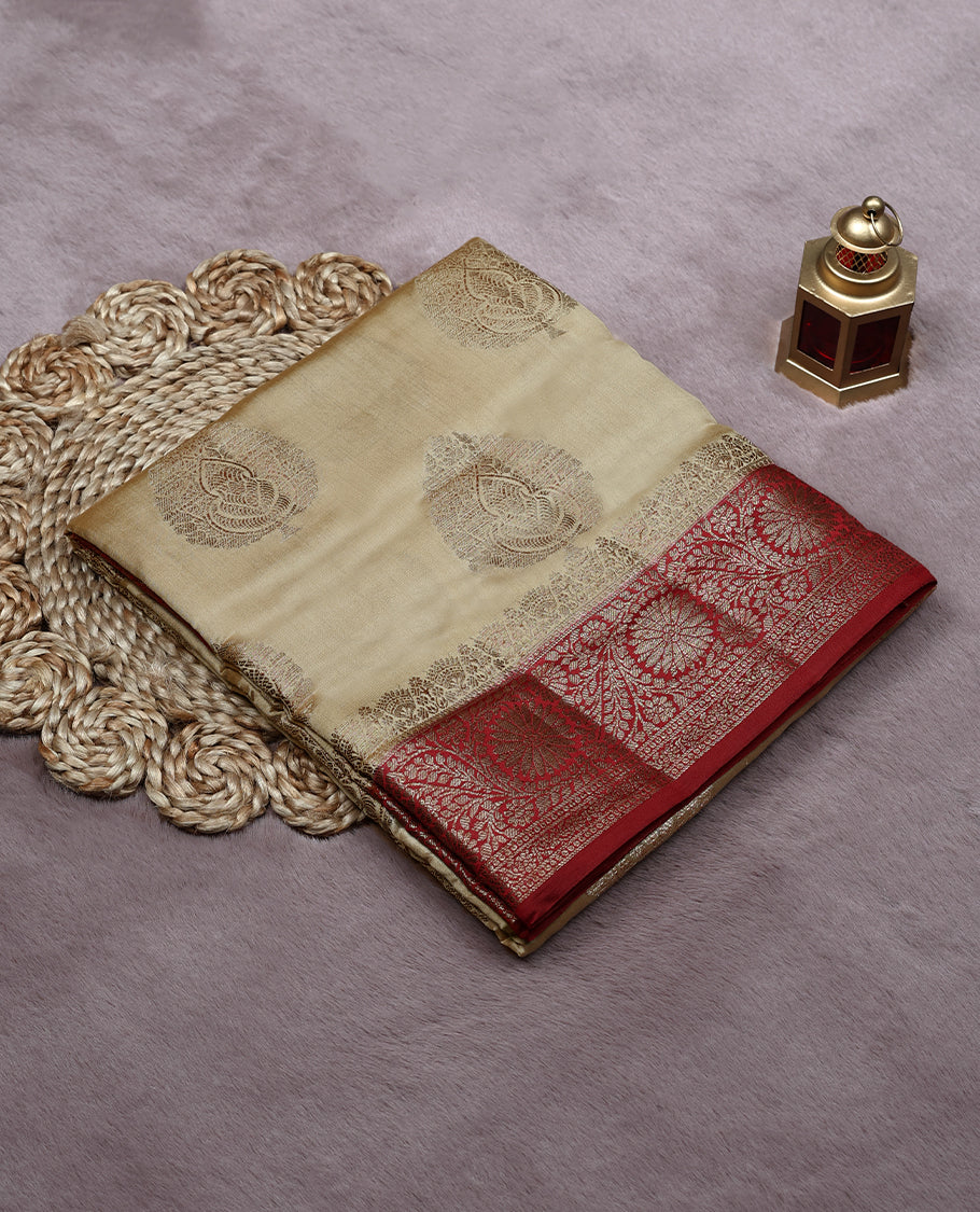 Sand Colour Banarasi Silk Saree having Golden Thread Worked Body with Dark Red Colour Blouse and Border