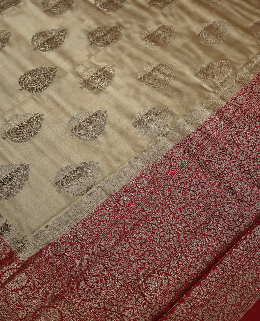 Sand Colour Banarasi Silk Saree having Golden Thread Worked Body with Dark Red Colour Blouse and Border