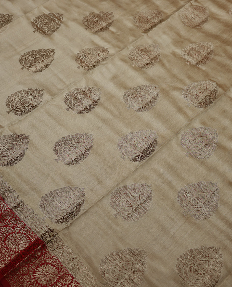 Sand Colour Banarasi Silk Saree having Golden Thread Worked Body with Dark Red Colour Blouse and Border