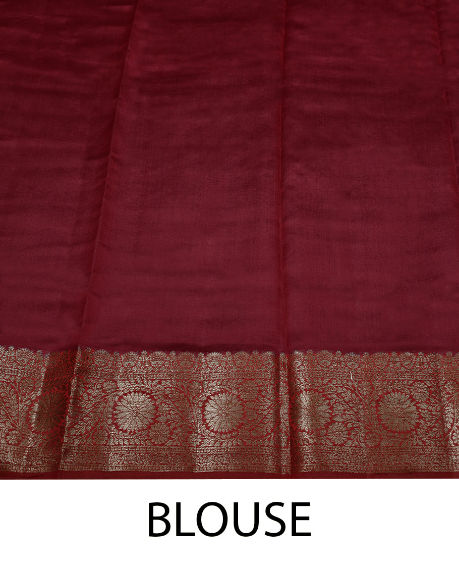 Sand Colour Banarasi Silk Saree having Golden Thread Worked Body with Dark Red Colour Blouse and Border