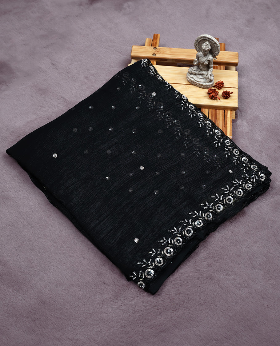 Pure Black Colour Designer Saree having Sequence Worked Body with Stone and Sequence Worked Border and Blouse