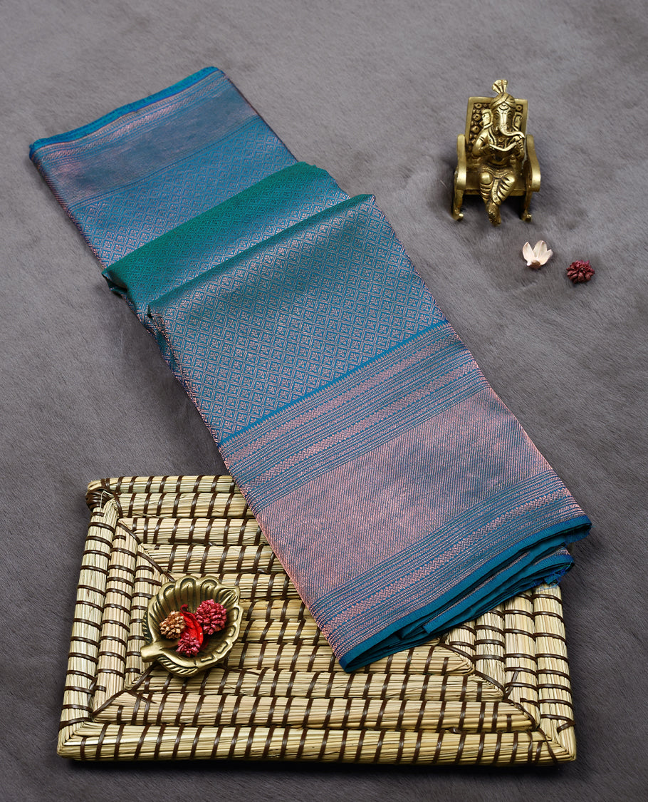 Peacock Blue Colour Kancheepuram Wedding Silk Saree having Copper Brocade Body and Border with Self Coloured Blouse