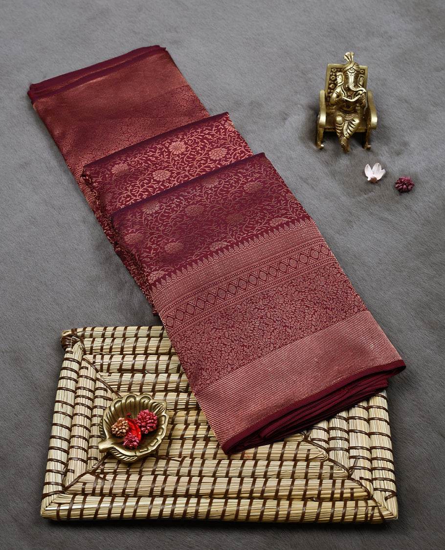 Maroon Red Colour Kancheepuram Wedding Silk Saree having Jaal Worked Body with Border and Self Coloured Blouse