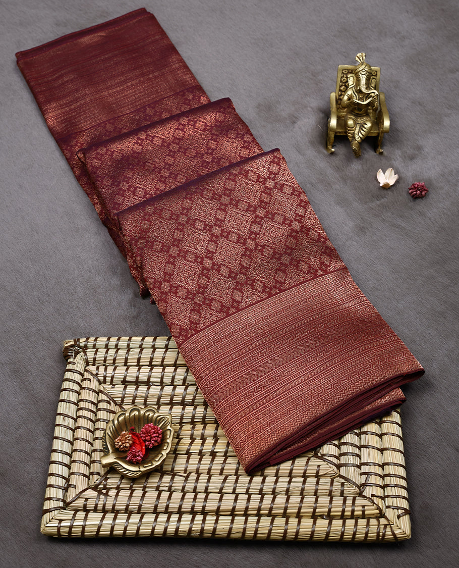 Maroon Colour Kancheepuram Wedding Silk Saree having Zari Worked Body and Border with Self Coloured Blouse