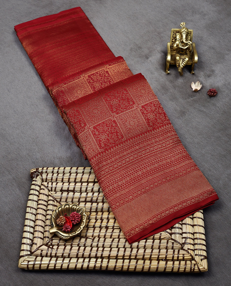Dark Red Colour Kancheepuram Wedding Silk Saree having Jaal Worked Body and Border with Self Coloured Blouse
