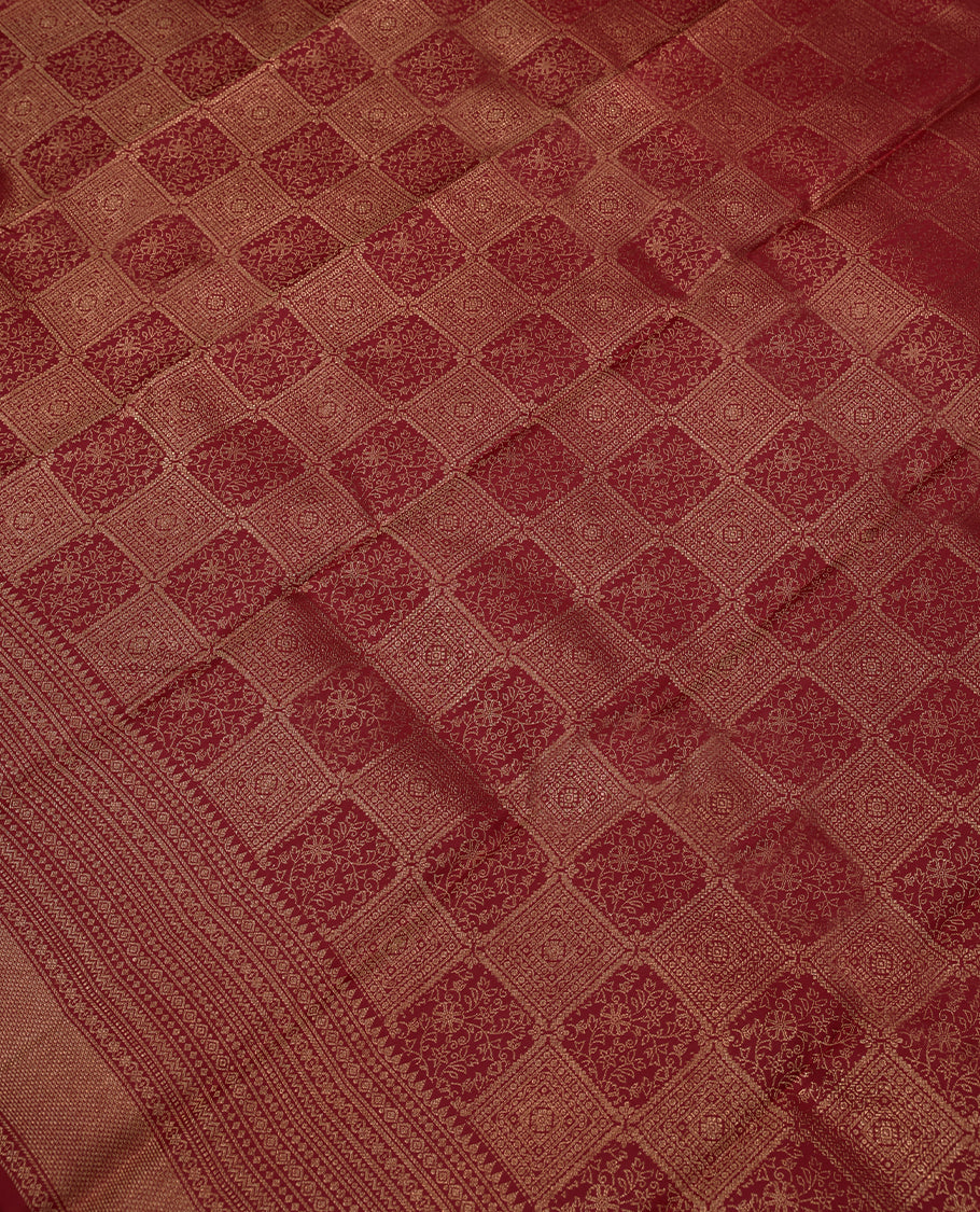 Dark Red Colour Kancheepuram Wedding Silk Saree having Jaal Worked Body and Border with Self Coloured Blouse