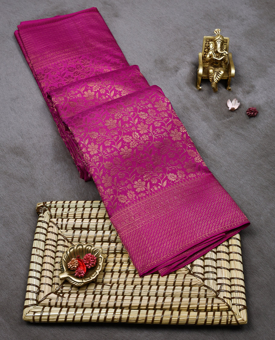 Magenta Colour Kancheepuram Wedding Silk Saree having Flora Jaal Worked Body and Border with Self Coloured Blouse