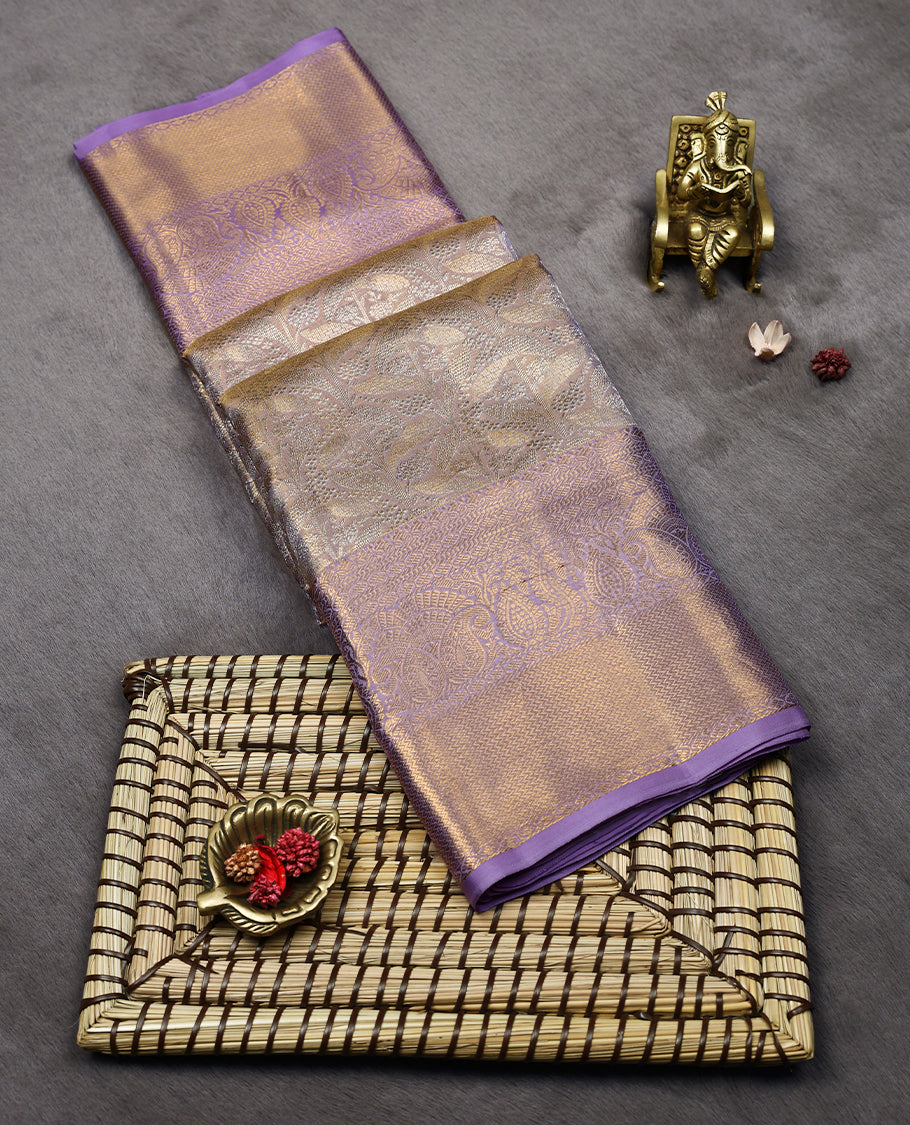 Light Golden Colour Kancheepuram Tissue Silk Saree having Zari Worked Body with Lavender Brocade Border and Blouse