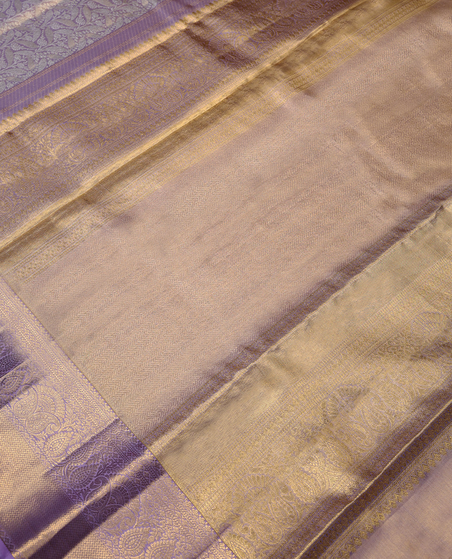 Light Golden Colour Kancheepuram Tissue Silk Saree having Zari Worked Body with Lavender Brocade Border and Blouse