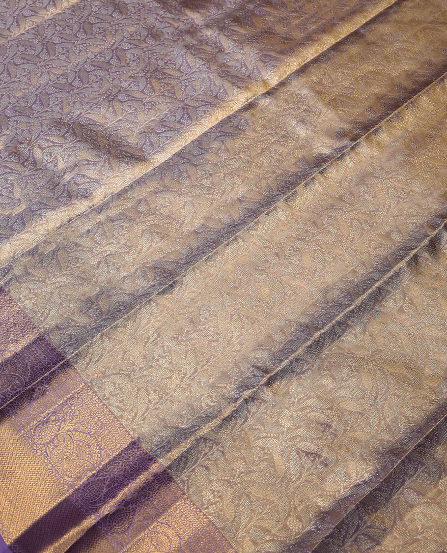 Light Golden Colour Kancheepuram Tissue Silk Saree having Zari Worked Body with Lavender Brocade Border and Blouse