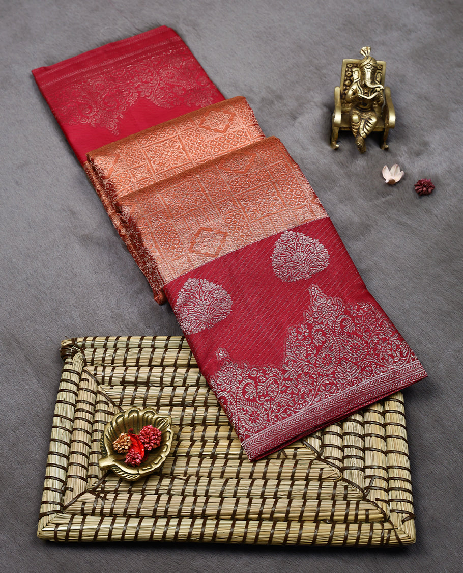 Copper Colour Kancheepuram Tissue Silk Saree having Brocade Body with Red Colour Worked Border and Blouse
