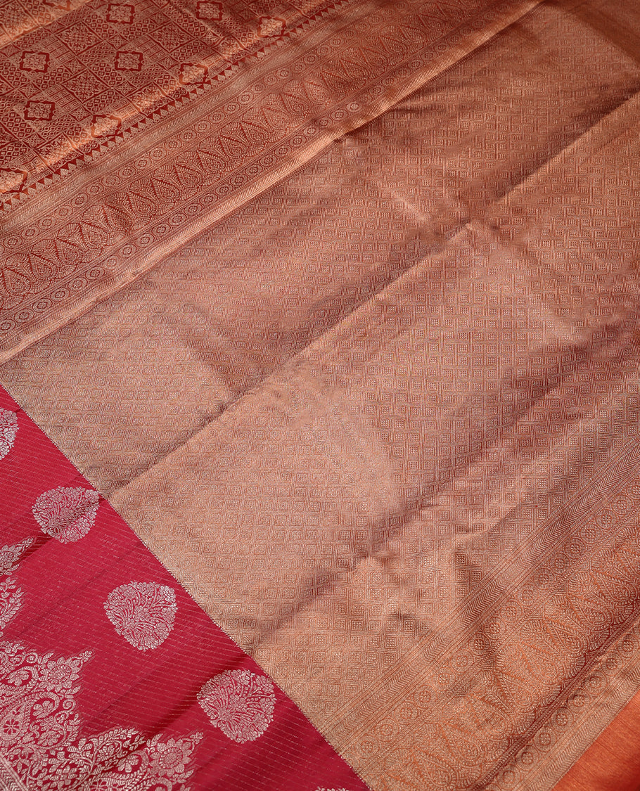 Copper Colour Kancheepuram Tissue Silk Saree having Brocade Body with Red Colour Worked Border and Blouse