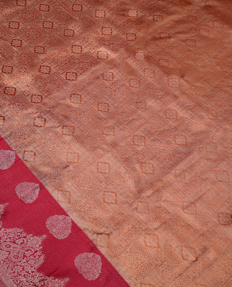 Copper Colour Kancheepuram Tissue Silk Saree having Brocade Body with Red Colour Worked Border and Blouse